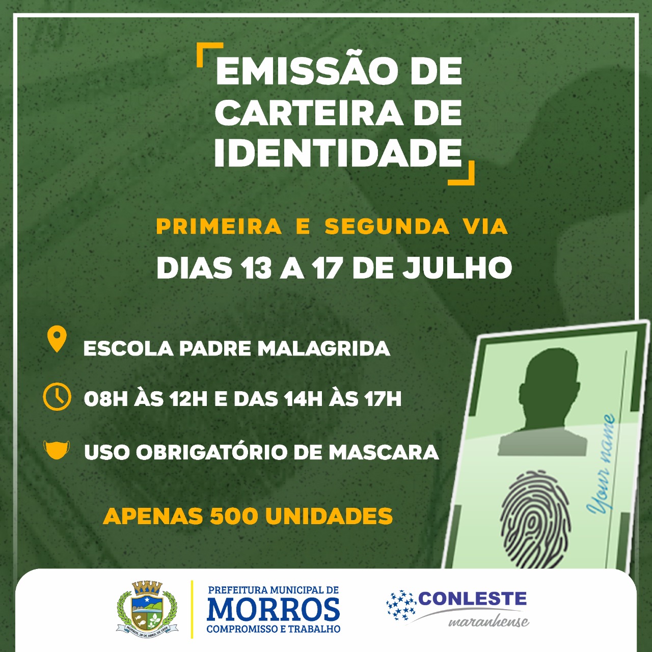 A Prefeitura Municipal de Morros, informa a toda população sobre a emissão gratuita de carteiras de identidade.